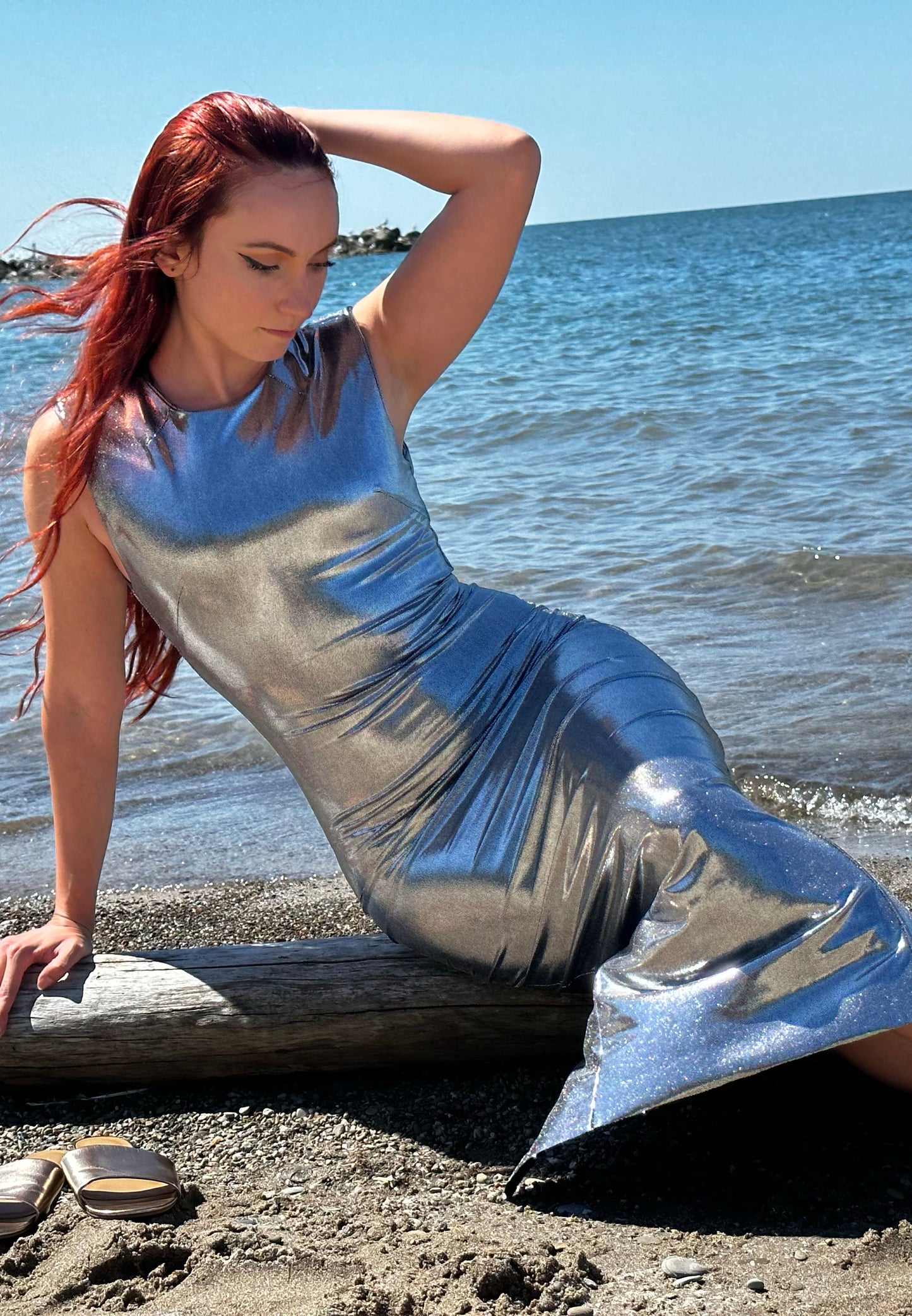 Liquid Pewter Long Sleeveless Sculpt Dress M Liquid Pewter Long Sleeveless Sculpt Dress M
