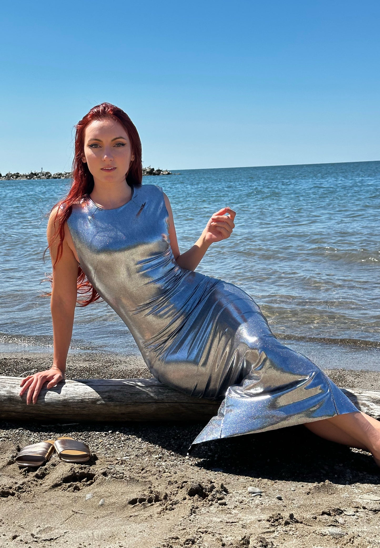 Liquid Pewter Long Sleeveless Sculpt Dress M Liquid Pewter Long Sleeveless Sculpt Dress M