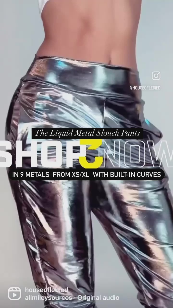 Ruby Red Slouch Pants – Metallic Stretch Trousers – House of Lebied